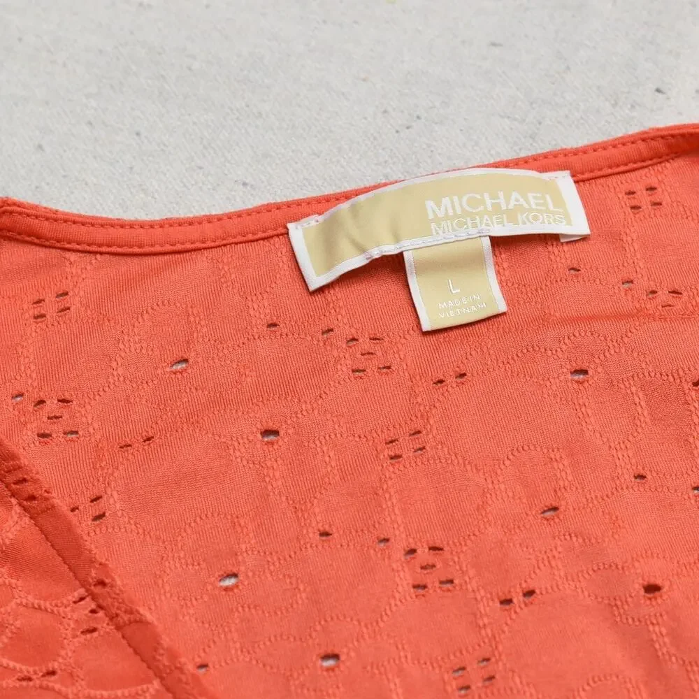 Michael Kors Women's Blouse V Neck Short Sleeve Floral Polyester Orange Size L
